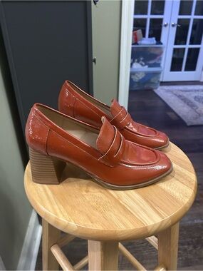 Journee Collection Burnt Orange Patent Loafers with Block Heel
